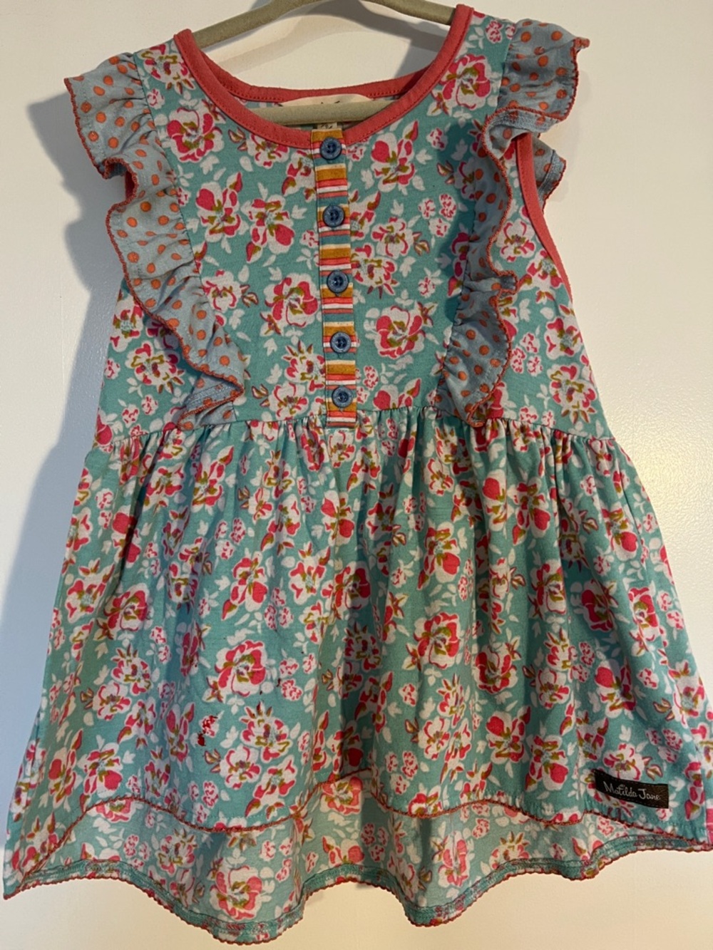 Matilda Jane Teal Floral Ruffle Dress with Coral Trim